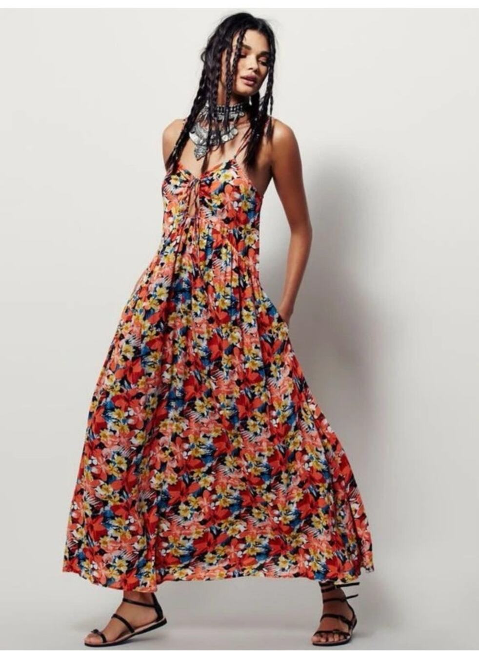 Free People Mulberry Floral Keyhole Maxi Dress XS Boho Pockets Flowy